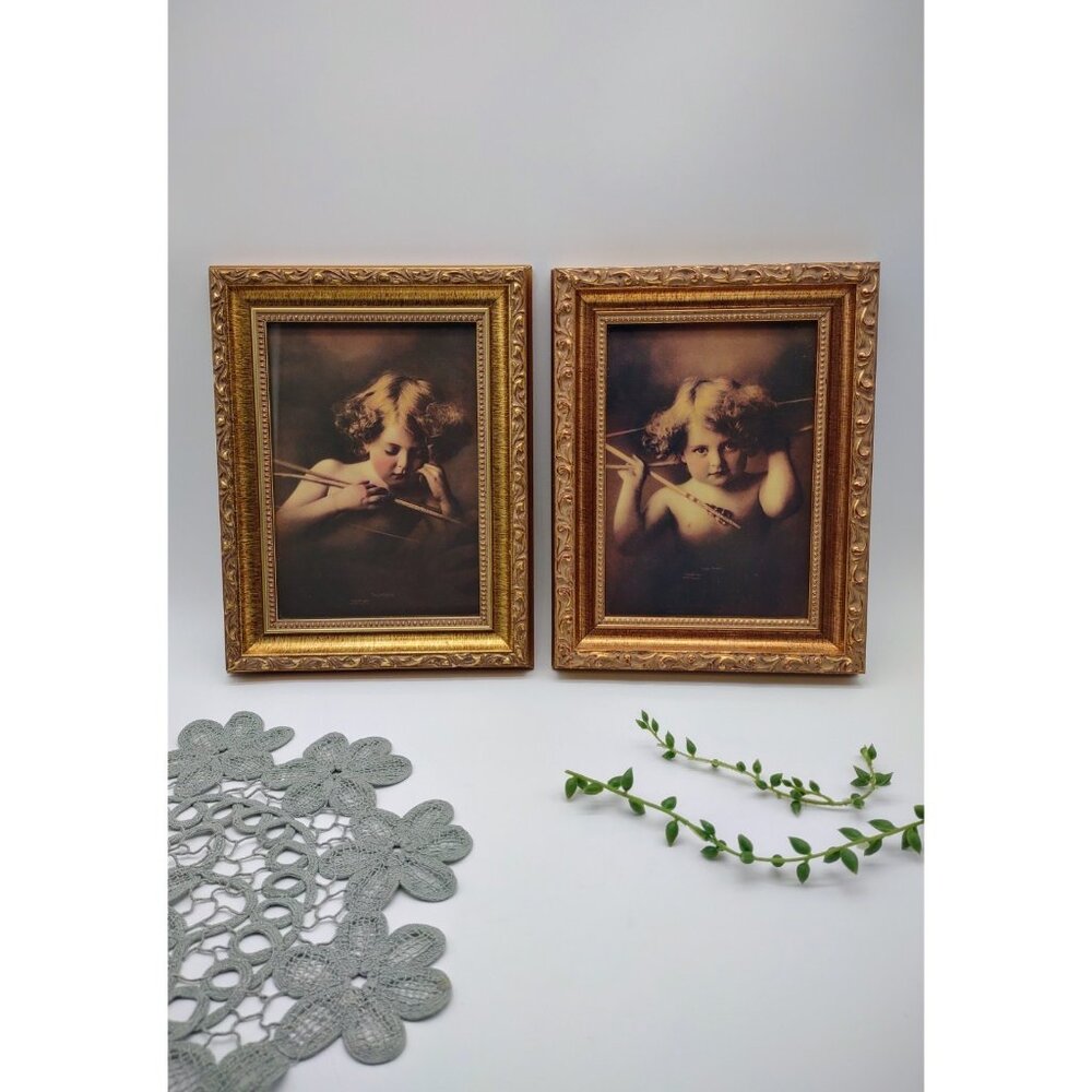 Vintage 1897 Cupid Asleep & Awake M.B. Parkinson Prints in Ornate Golden Frames